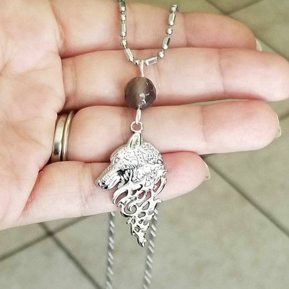 Wolf Necklace Smoky Quartz Necklace Mens Wolf Necklace Mens Necklace Wolves - Picture 3 of 4